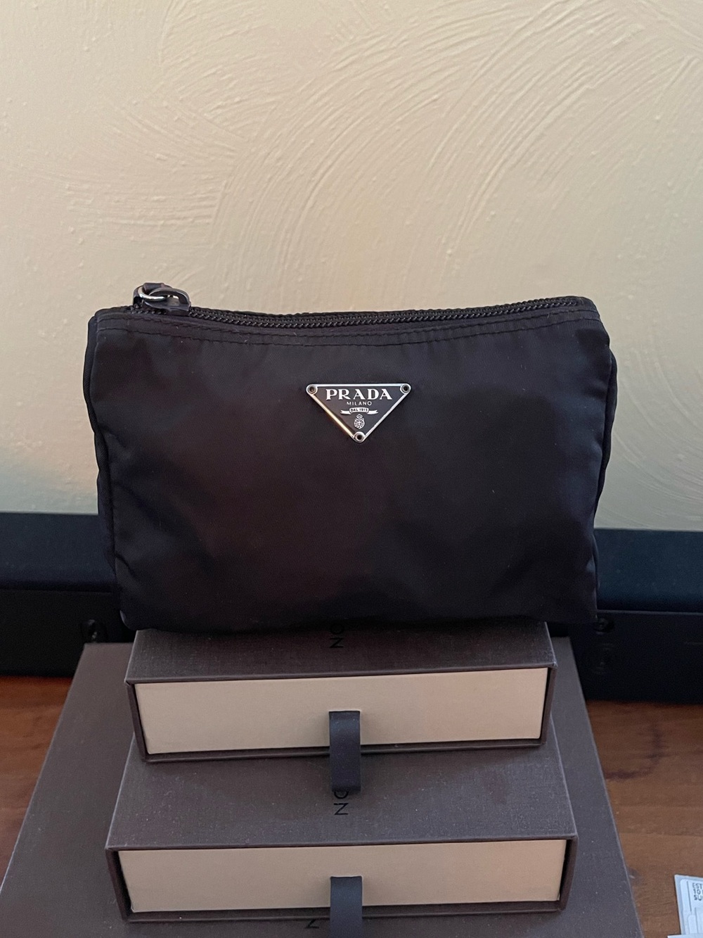 Prada Vintage Vela Nylon Pouch Brown Triangle Logo Authentic Pre-Owned